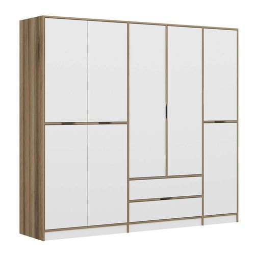 Armoire Dressing Chambre Effet Bois, 8 Portes Blanches Byron