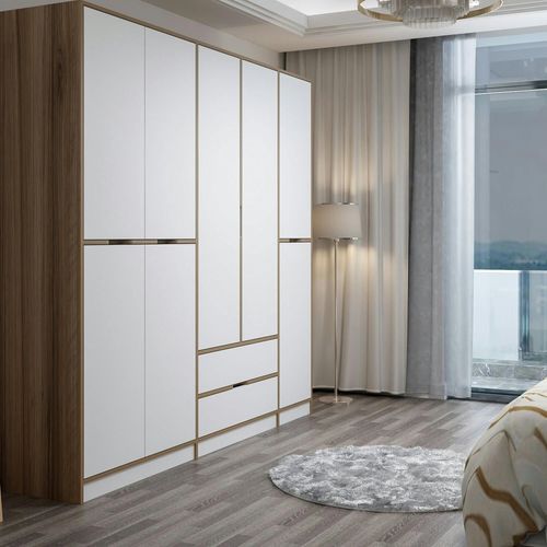 Armoire Dressing Chambre Effet Bois, 8 Portes Blanches Byron