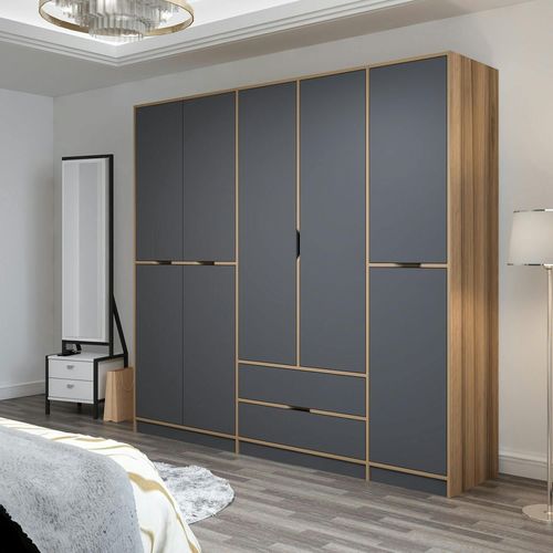 Armoire Dressing Chambre Effet Bois, 8 Portes Grises Byron