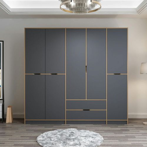 Armoire Dressing Chambre Effet Bois, 8 Portes Grises Byron