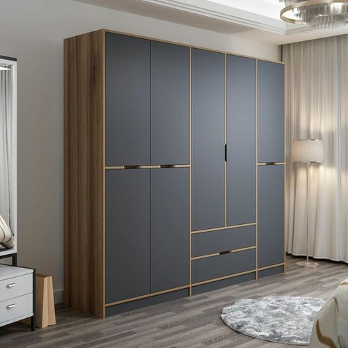 Armoire Dressing Chambre Effet Bois, 8 Portes Grises Byron