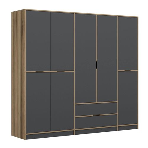 Armoire Dressing Chambre Effet Bois, 8 Portes Grises Byron