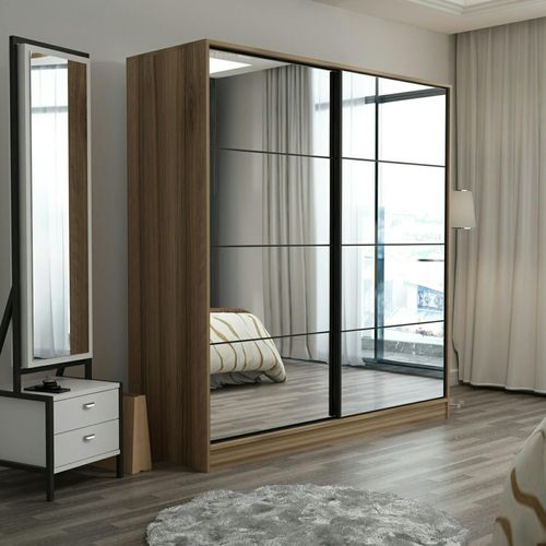 Armoire Penderie Portes Coulissantes, Effet Bois et Miroir Byron