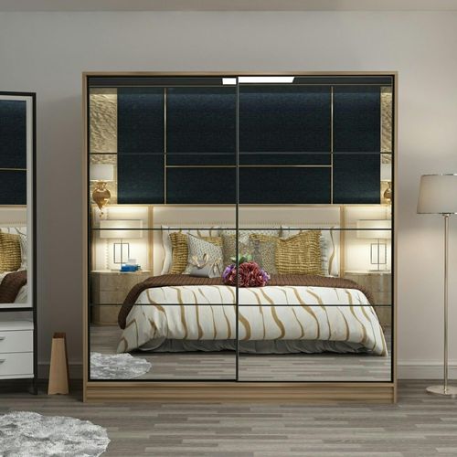 Armoire Penderie Portes Coulissantes, Effet Bois et Miroir Byron