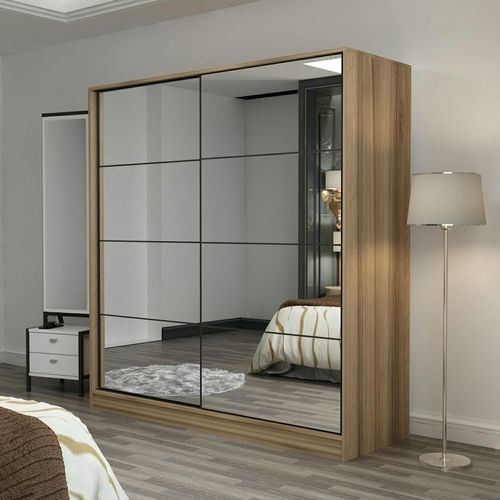 Armoire Penderie Portes Coulissantes, Effet Bois et Miroir Byron