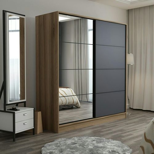 Armoire Portes Coulissantes Effet Bois et Gris, 1 Miroir Byron
