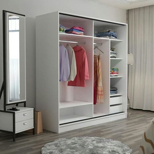 Armoire Blanche 2 Portes Coulissantes, 1 Miroir Byron