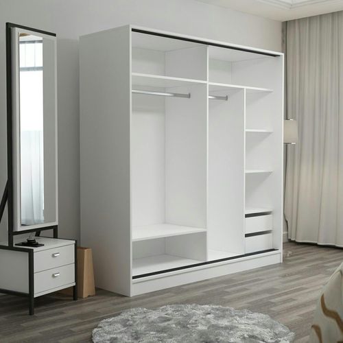 Armoire Penderie à Portes Coulissantes, Blanc et Effet Bois Byron