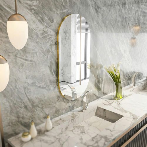 Miroir Salle De Bains Ovale Argenté, Bordure Dorée 85 Cm Cody