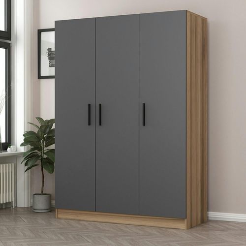 Armoire Penderie Moderne Effet Bois - 3 Portes Grises Byron