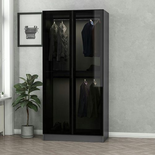 Armoire Penderie Design Grise - 2 Portes Vitrées Byron