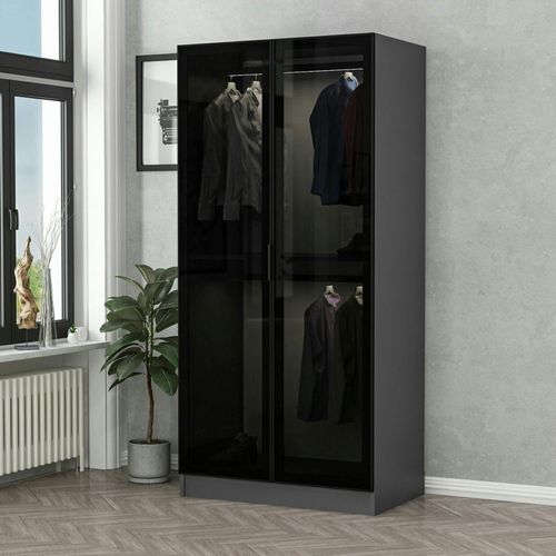 Armoire Penderie Design Grise - 2 Portes Vitrées Byron