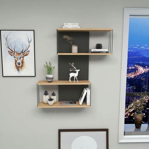 Etagère Murale Moderne Effet Bois et Gris - 2 Niches Jena