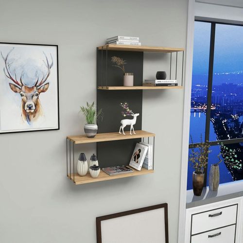 Etagère Murale Moderne Effet Bois et Gris - 2 Niches Jena