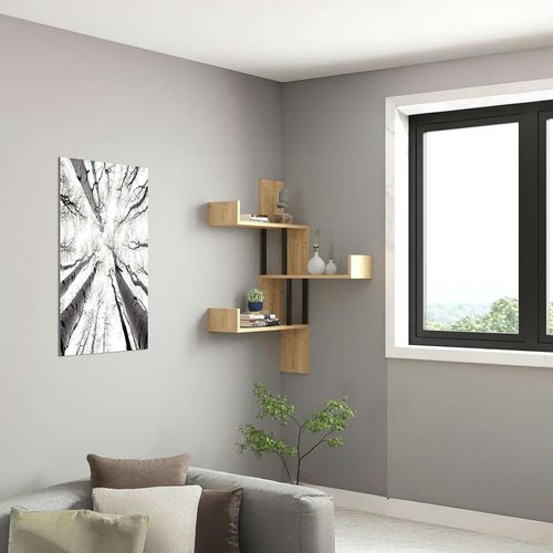 Étagère Murale D’angle Effet Bois Clair - 3 Plateaux Jena