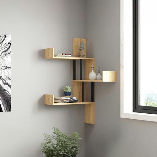 Étagère Murale D’angle Effet Bois Clair - 3 Plateaux Jena