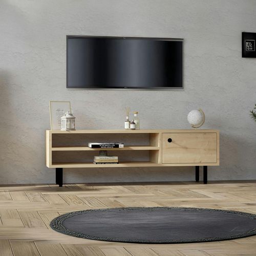 Meuble TV Moderne Effet Bois Clair - 2 Niches Traversantes Jena