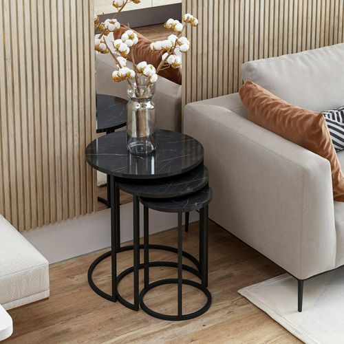 Bout De Canapé Rond Effet Marbre Noir (lot De 3) Jena