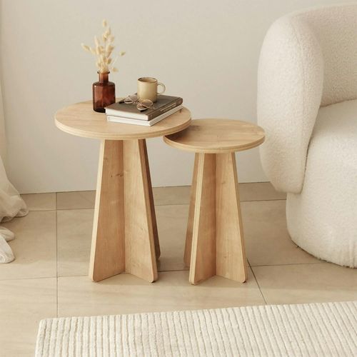 Bout De Canapé Gigogne Rond Effet Bois Clair (lot De 2) Marfa