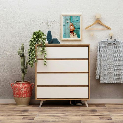 Commode Moderne Effet Chêne 4 Tiroirs Blancs Byron