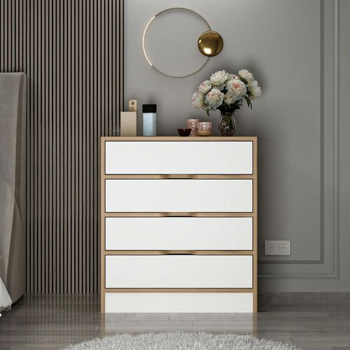 Petite Commode Moderne 4 Tiroirs Effet Noyer et Blanc Byron