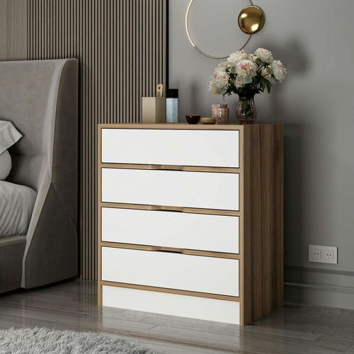 Petite Commode Moderne 4 Tiroirs Effet Noyer et Blanc Byron