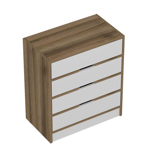 Petite Commode Moderne 4 Tiroirs Effet Noyer et Blanc Byron