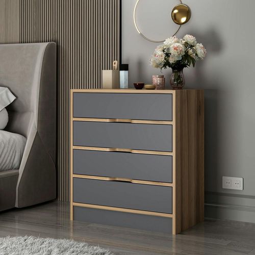 Petite Commode Moderne 4 Tiroirs Effet Noyer et Gris Byron