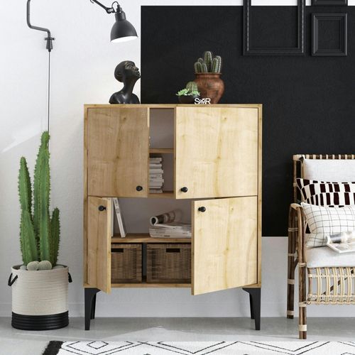 Buffet Haut Moderne Effet Bois Clair - 4 Portes Jena