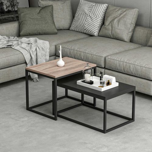 Table Basse Gigogne Moderne - Effet Noyer et Noir (lot De 2) Jena