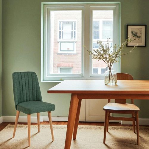 Chaise En Lin Vert - Dossier Rainuré Et Pieds Bois Rosario