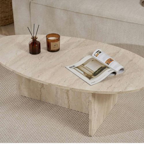 Table Basse Moderne Ovale Effet Travertin – Pied En T Marfa