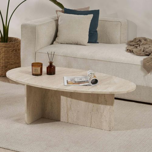 Table Basse Moderne Ovale Effet Travertin – Pied En T Marfa