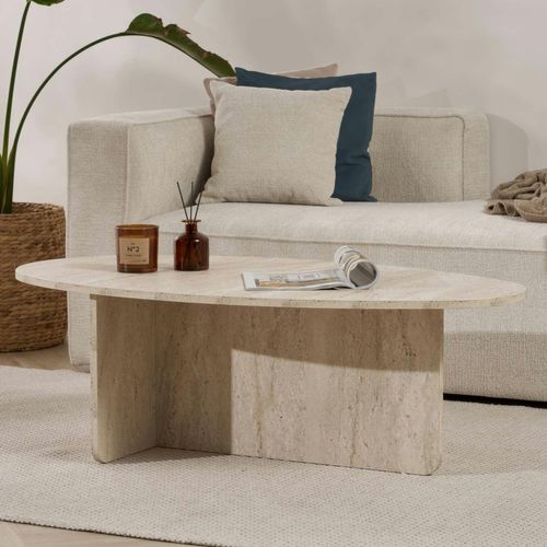 Table Basse Moderne Ovale Effet Travertin – Pied En T Marfa