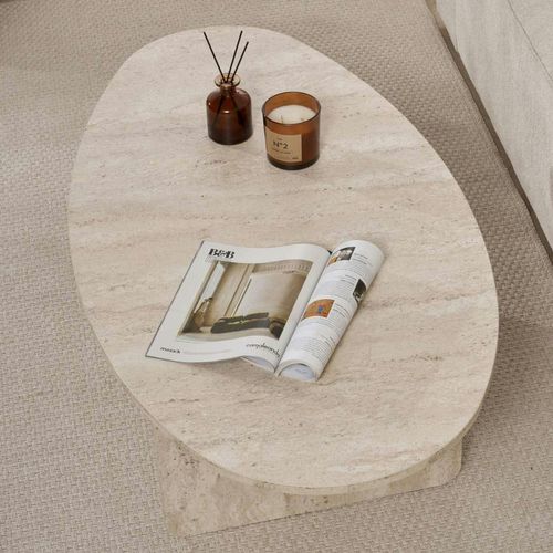 Table Basse Moderne Ovale Effet Travertin – Pied En T Marfa