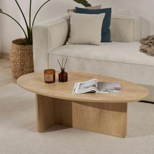 Table Basse Moderne Ovale Effet Bois Clair – Pied En T Marfa