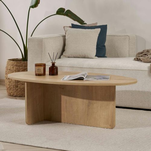 Table Basse Moderne Ovale Effet Bois Clair – Pied En T Marfa