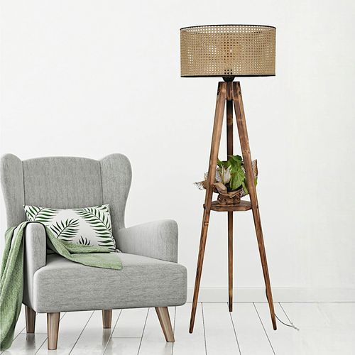 Lampadaire Trépied Effet Bois Avec Abat-jour Cannage Kilis