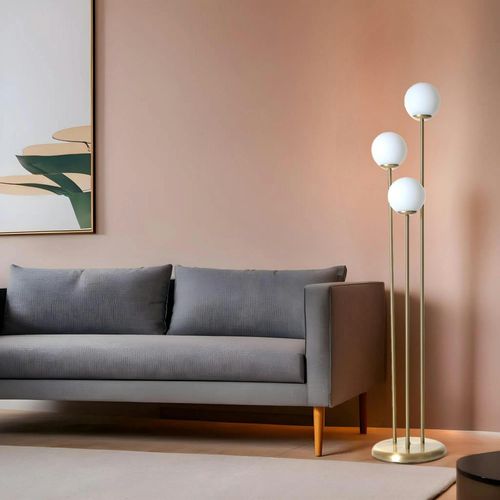 Lampadaire Salon Art Déco, 3 Globes Verre Dépoli Sierre