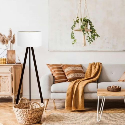 Lampadaire Trépied Effet Bois Noir, Abat-jour Blanc Ø38 Cm Kilis