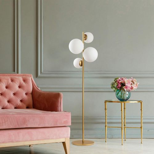 Lampadaire Art Déco Doré, 4 Globes Verre Dépoli Sierre