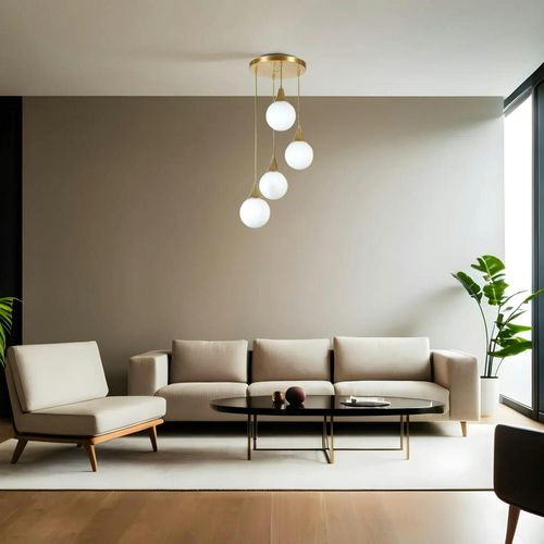 Suspension Moderne Dorée 4 Globes Verre Dépoli Sierre
