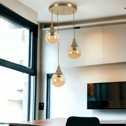 Suspension Moderne Dorée 3 Globes Verre Ambré Sierre