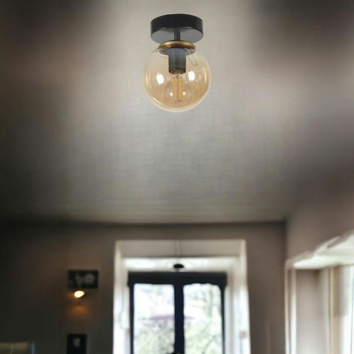 Plafonnier Globe Verre Ambré, Finition Noire Sierre