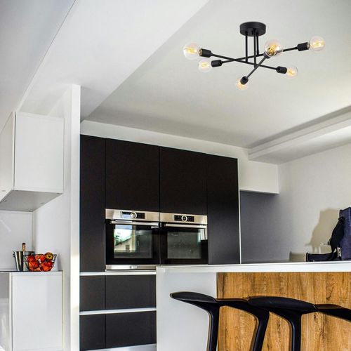 Plafonnier Design Noir Mat, 6 Lampes Sur Tiges Maratea