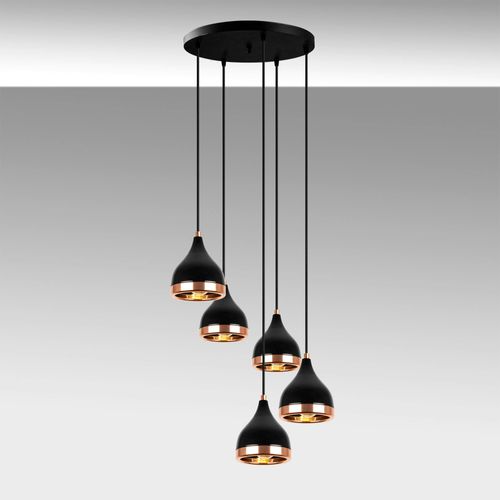 Suspension Grappe Moderne Noire et Cuivre, 5 Abat-jour Sile