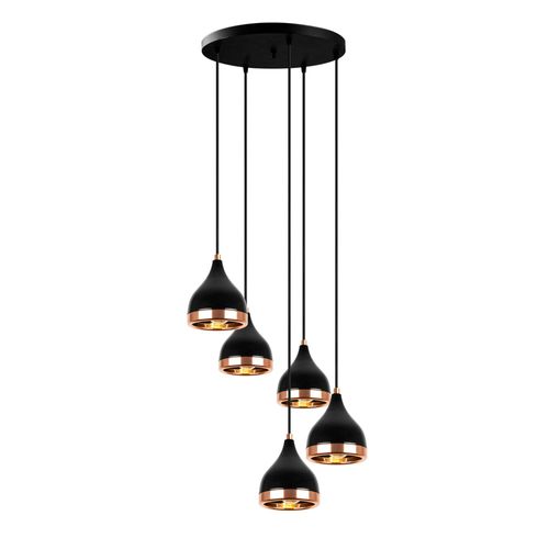 Suspension Grappe Moderne Noire et Cuivre, 5 Abat-jour Sile