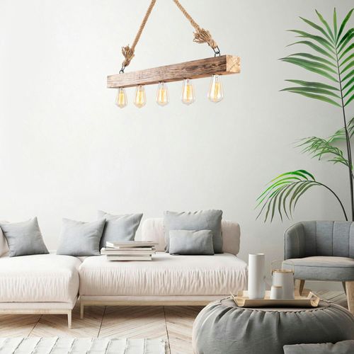 Suspension Industrielle Bois et Corde - 5 Ampoules Camogli