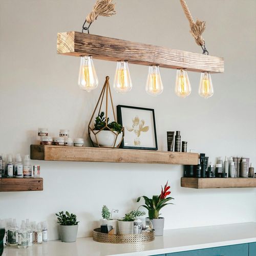 Suspension Industrielle Bois et Corde - 5 Ampoules Camogli