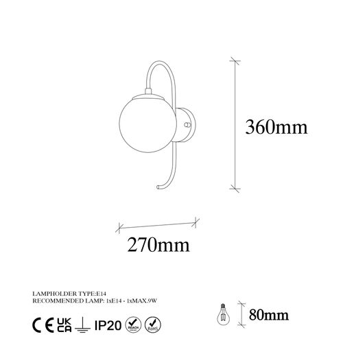Applique Murale Moderne Dorée, Globe Blanc Tige Courbe Sierre
